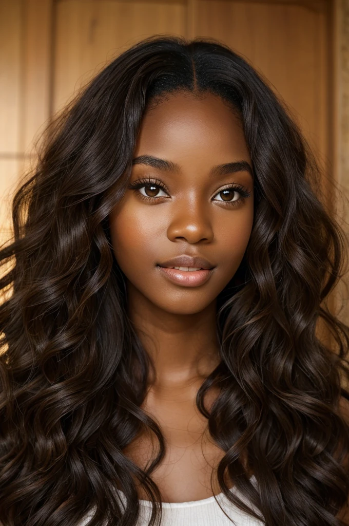 beautiful black skin girl, long curly brown hair, light brown eyes
