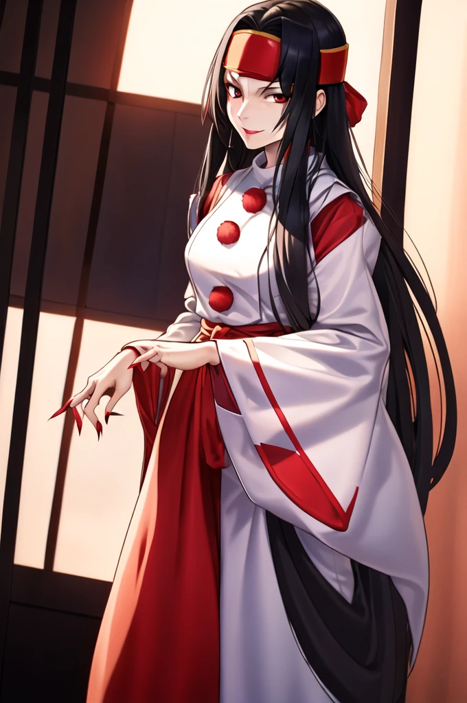 (cowboy shot:1.4), smug,
mizuki, 1girl, white japanese clothes, solo, mature, miko, Dark Red eyes, (headband:1.2), red lip, makeup, very long hair, black hair, red hakama, wide sleeves, very Long red Nails, parted bangs,
masterpiece,high quality,ultra high definition,
(evil smile:1.3),Highly detailed CG Unity 8K wallpaper, perfect lighting,laugh at,too evil smile,too evil smirk,looking down at viewer,,smile bad,deep shaded face,too evil fall,dark world background,