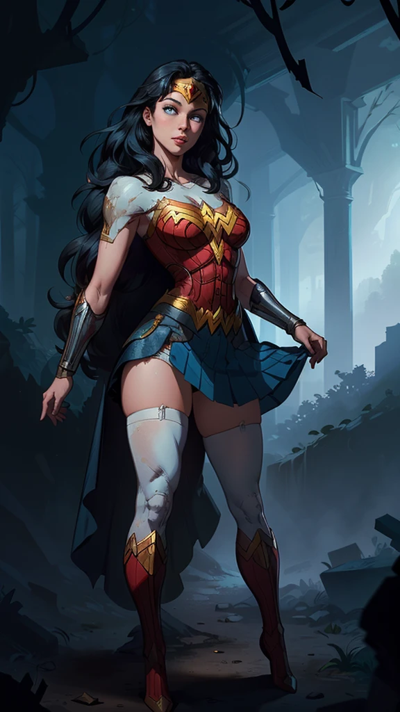 (Best quality,A high resolution,Ultra - detailed,current),Wonderwoman, short wonderwoman dress, white thigh stockings, long black hair, (Ruined dungeon ruins cyberpunk dark forest background :1.4 ), More detailed 8K. unreal engine:1.4,UHD,Best quality:1.4, photorealistic:1.4, skin texture:1.4, masterpiece:1.8,raw-work, best quality,object Object], (detailed face features:1.3),(The correct proportions), (cowboy pose), (wonderwoman:1.4), (wonderwoman V2.1), (perfect anatomy :1.4), (no mutations), (dynamic cowboy pose), (face detailed :1.4), (showing panties),(white stockings and suspenders),(wonderwoman dress) (cinematic lighting :1.4), score_9, score_8_up, score_7_up, score_6_up, rating_explicit, 1girl, ((18YO: 1.2)), Adult, full lips, big clear eyes, blue eyes, ((black hair:1)), (long wavy hair: 1.2), (forest background big trees), ( skirt lifted by itself: 1.1), (skirt lift: 1.3), (showing white panties: 1.3),score_9, score_8_up, score_7_up, score_6_up, rating_explicit, 1girl, ((18YO:1.2)), Adult, full lips, big clear eyes, blue eyes, ((black hair:1)), (long wavy hair: 1.2),(face detailed V2.1)