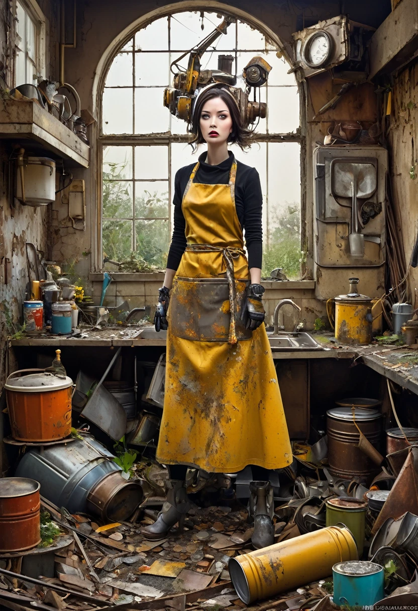 In a scrapyard, a biomechanical woman (full figure) made from rusty scrap metal stands and watches the excavator claw hover above her, her arms raised in a defensive posture and her head thrown back with an expression horrified and anxious face. She always wears a dirty kitchen apron. It is an old home robot and needs to be recycled. the woman and the excavator bucket should be seen in the picture. Shards of glass, broken kitchen sinks and rotten pieces of furniture, engine parts, tin cans and oil drums are scattered everywhere. mixed media collage, textured, layered, assemblage, inspired by Brian Viveros and Esao Andrews, kintsugi elements with an oxidized gold and copper patina, background of bushes and weeds interspersed with delicate flowers and subtle bokeh effects, intense focus on the texture,dynamic pose capturepanic. vibrant colors, unframed. 