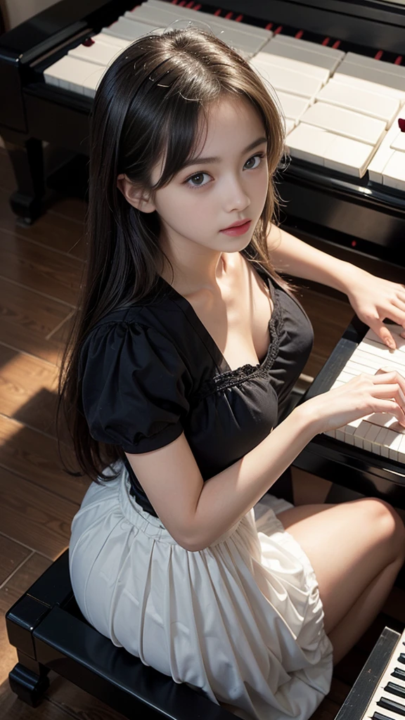 ((Beautiful girl playing piano in the living room, Practicing the piano, super detailed piano:1.3)), (From above), Mysterious, clear々A nice morning, Window, (, Baby Face:1.楚な黒ドレス, Small breasts, (((Breast flash:1.2))), ((Detailed eyes and face, Professional photography techniques, Cinema Lighting)), ((Detailed hands, The pianist's beautiful hands)), (Highest quality, 8K, masterpiece:1.2, RAW Photos), Short Hair, (Perfect Anatomy:1.3)