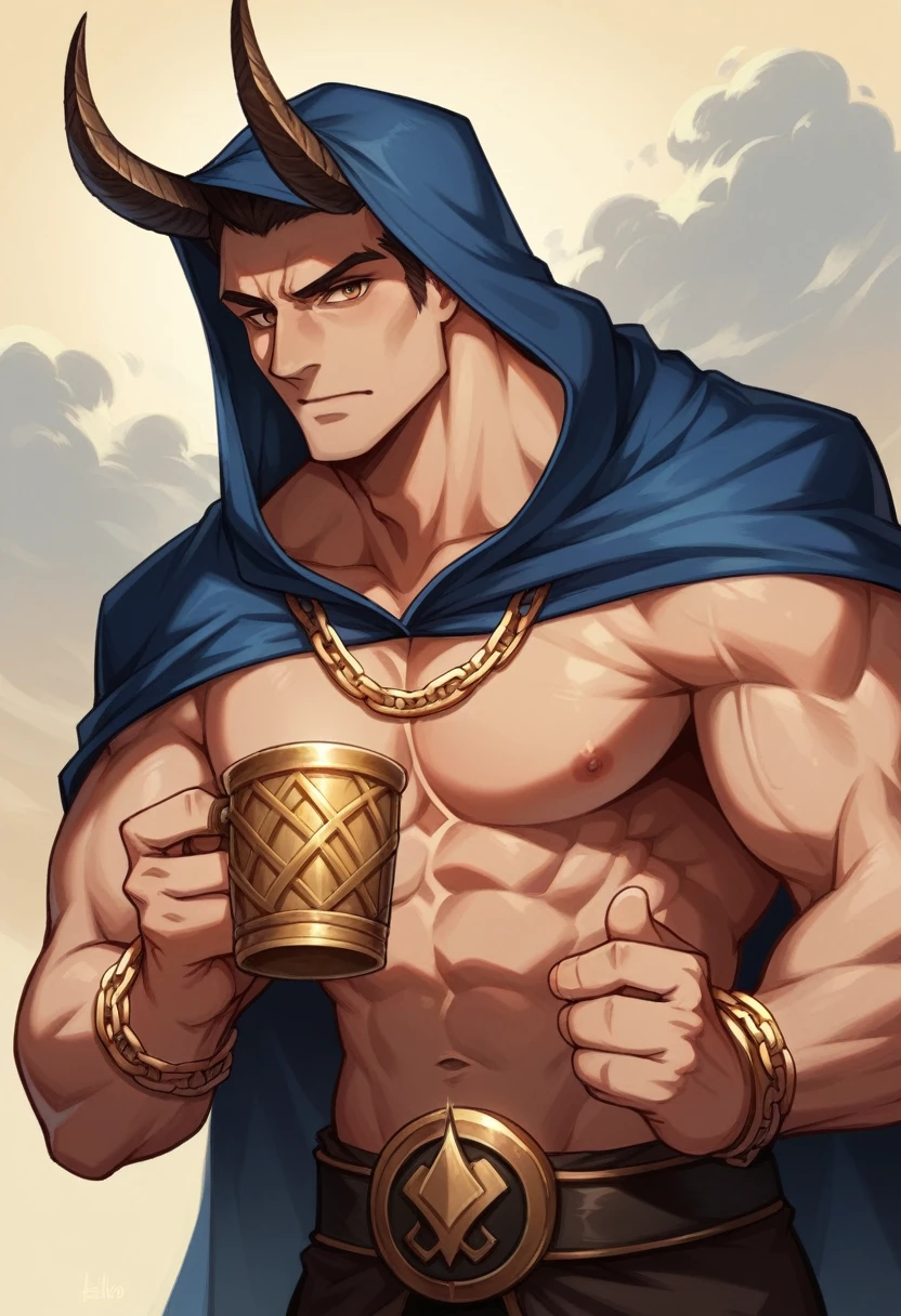 a handsome man in devil style, shirtless, gold chains and king's crown, with a sky blue cape, erect penis and holding a golden cup of wine in one hand, detailed face, portrait, highly detailed, 8k, cinematic lighting, chiaroscuro, dramatic, dark fantasy