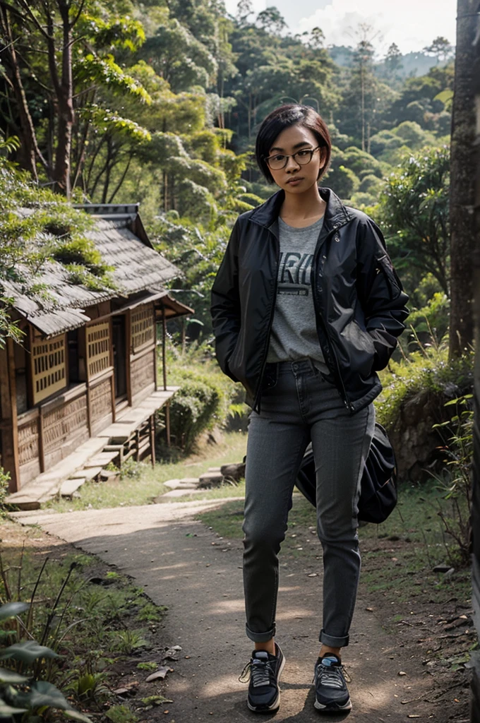 Indonesian women,neat short hair,wearing glasses,wearing a black mountain jacket,jeans,gray shoes,carrying a backpack,standing pose,forest background,real afternoon effects, realistic details