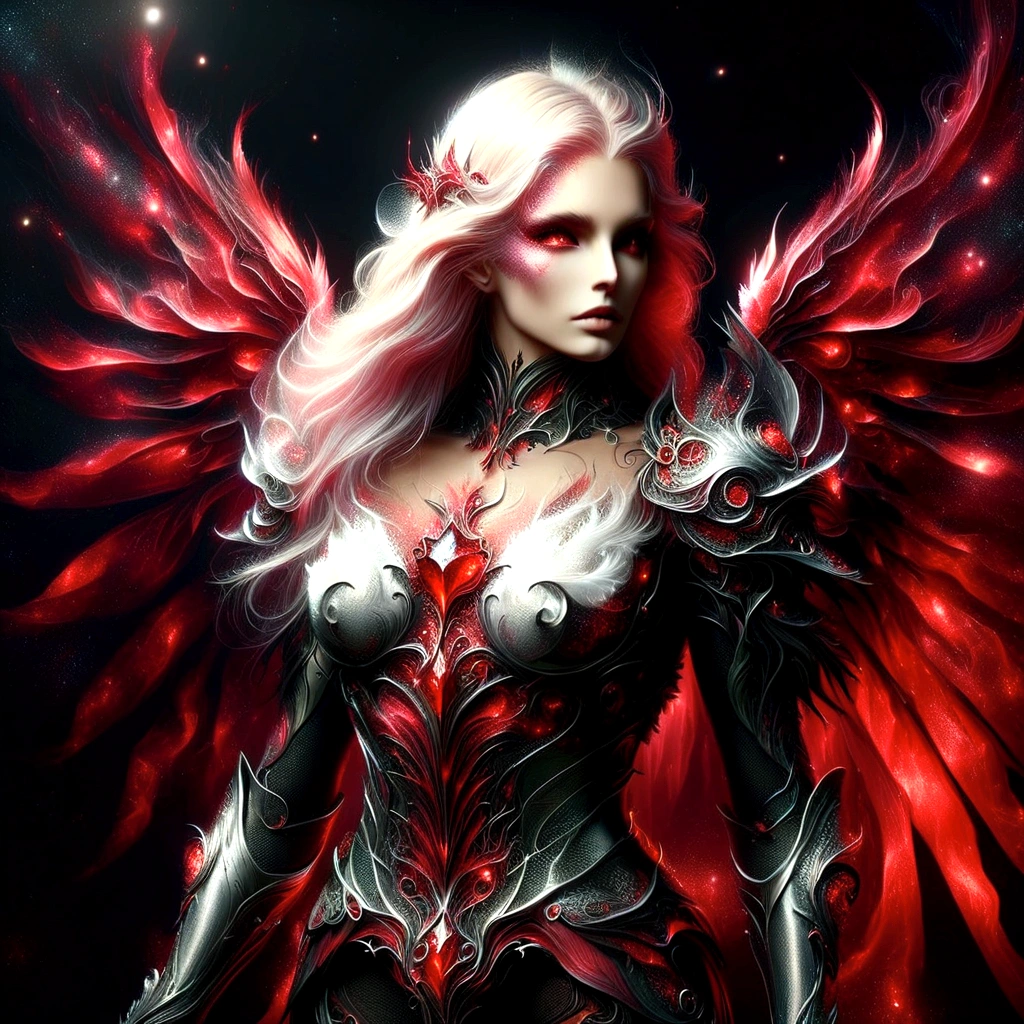 arafed woman in armor with red wings and a black background, angel knight gothic girl, raven winged female vampire, angel knight girl, lady in red armor, beautiful cyborg angel girl, angel in plastic armor, succubus | medieval, beautiful female knight, of a beautiful female knight, 3 d render character art 8 k, beautiful elegant demon queen