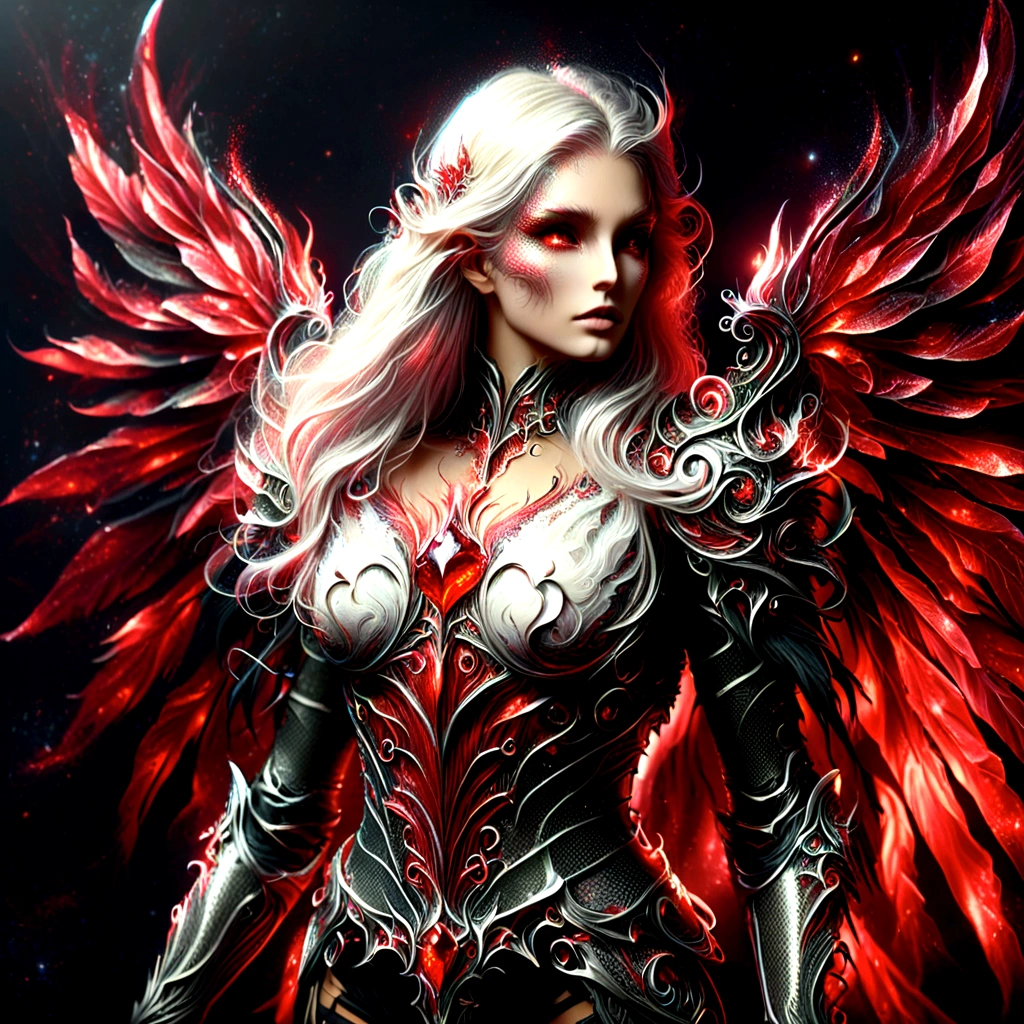 arafed woman in armor with red wings and a black background, angel knight gothic girl, raven winged female vampire, angel knight girl, lady in red armor, beautiful cyborg angel girl, angel in plastic armor, succubus | medieval, beautiful female knight, of a beautiful female knight, 3 d render character art 8 k, beautiful elegant demon queen