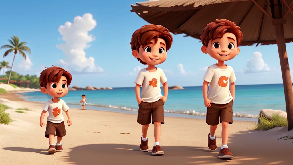 A  with dark red hair wearing a brown dress is walking with a boy   with short brown hair wearing a white t-shirt and biegie short pants. They show a happy facial reaction. They walked by the beach.