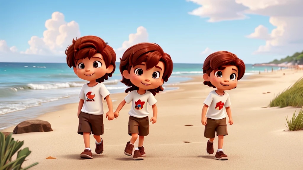 A with dark red hair wearing a brown dress is walking with a boy little with short brown hair wearing a white t-shirt and biegie short pants. They show a happy facial reaction. They walked by the beach.