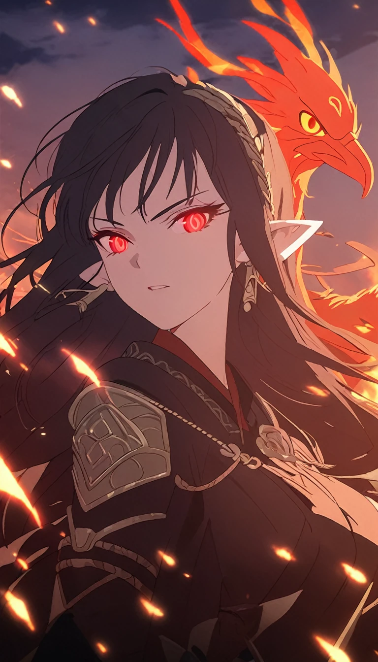 1woman, elven ears, darkness god, fire black hair, straight hairstyle, glowing red eyes, black roses field, fire bird, warrior, elegant thai combat,