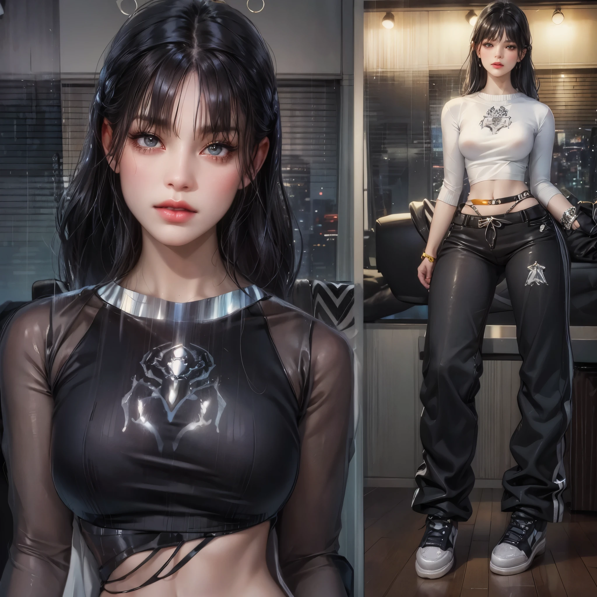 there are two pictures of a woman in a white top and jeans, chrome outfit, outfit: cop, imvu, loish |, second life avatar, in clothes! highly detailed, highly_detailed!!, full body!! maximalist details, e - girl, e-girl, street clothes, aesthetic!!!!, !!highly detailed