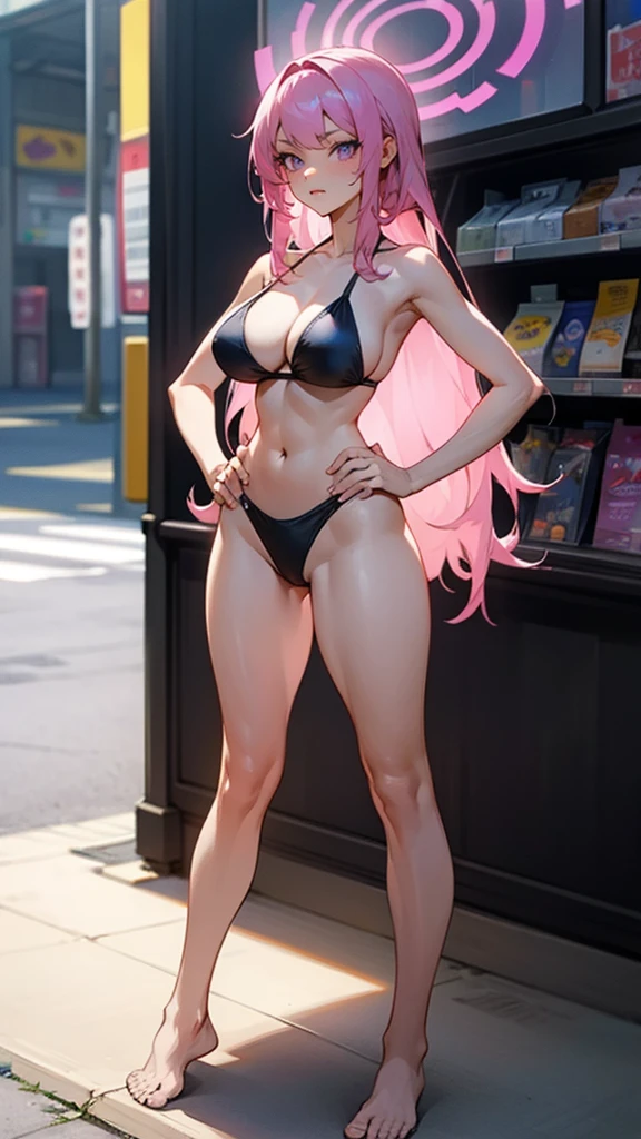 Masterpiece, best quality, Masterpiece, best quality, 1 woman , I , pink hair , purple eyes , sly face , black bikini , big breasts , abdomen , Long legs , Put your hands on your hips.... , Barefoot , full body , convenience store ,