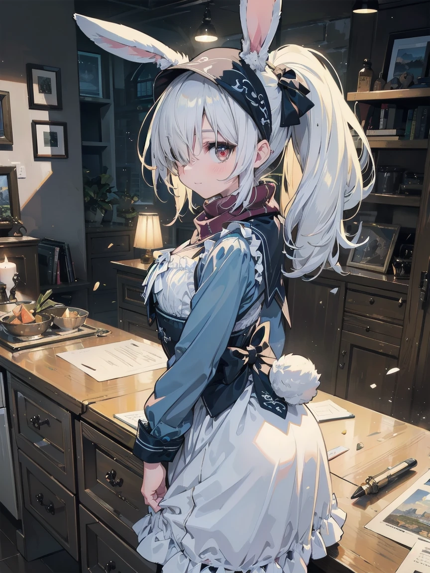 (A super high quality creation by the Creator God: 1.4), (Absolute Resolution: 1.4), (A masterpiece from the curatorial god: 1.4), Surrealist works, (complicated, Realistic materials with attention to detail, Textures and Lights: 1.3), (Perfect Anatomy: 1.2),

break

((Tabletop, Pixel perfect, 8K wallpaper)), 1 girl, single, Embarrassed expression, Shy look,tall,There are rabbits,Clasp your hands in front of you, alone, Reincarnation of Aphrodite, the goddess of beauty, Unparalleled beauty, Narrow waist, Firm Oblique Muscles, Great looks, The highest-ranking family in the hierarchy, bonnet (clothing), scarf, ultra-luxury woolen Long sleeve bodice and skirt dress, Rabbit on head,Overskirt, apron, Long sleeve bodice,From above, A jacket that looks like a sleeveless jacket, Black luxury leather loafers, Frills, race, ribbon,It has a rabbit tail、Bunny ears、Red eyes,White Hair,編み込んだ髪
break

(Hair growing out of one eye), (tered sunlight: 1.2), A fantastic light source like particles, Blurred Background, (Depth of written boundary: 1.5), Tilt your head, From behind , Looking at the audience, Recall, Flexible body, From above見上げる, (Depth of written boundary: 1.4), Looking at the audience, (Cute Smile),

break

Scenery of the Cathedral of Our Lady, A famous cathedral, ultra high density skin, (,, Open your thighs from side to side: 1.2, Absolute area: 1.3),

break

, Highly detailed skin, (Best lighting by famous artists: 1.2), 8K, (Masterful instructors provide instruction on attractive poses: 1.4), Cute illustrations.

break
