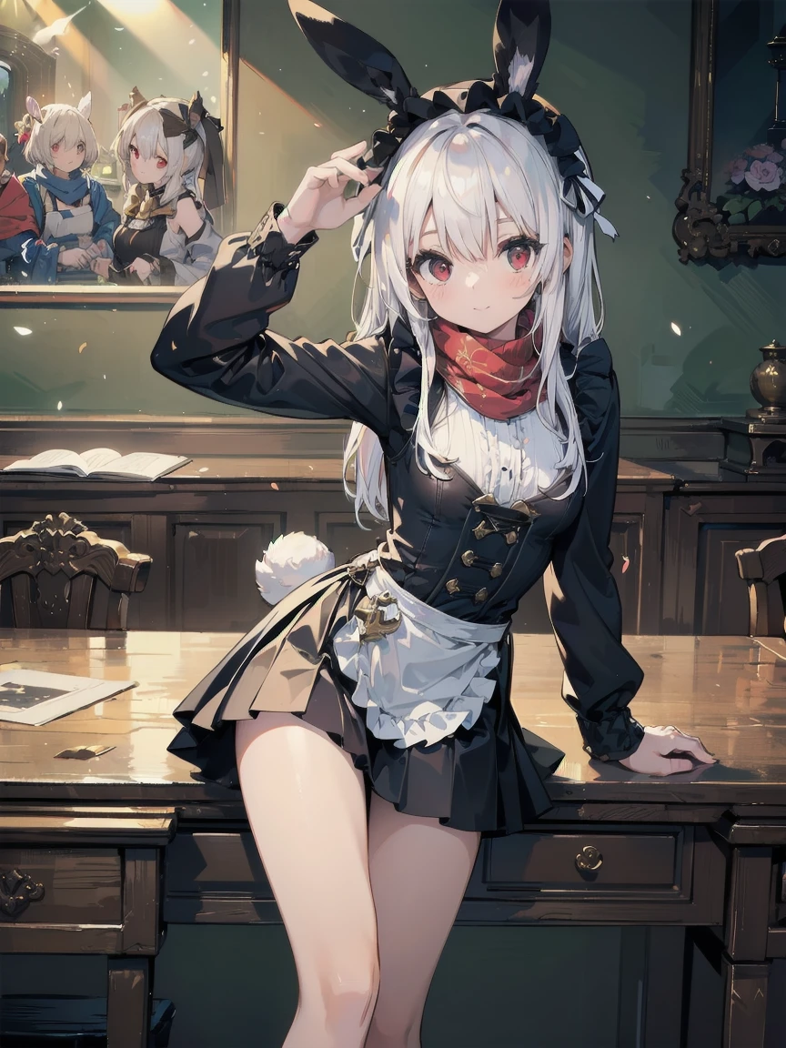 (A super high quality creation by the Creator God: 1.4), (Absolute Resolution: 1.4), (A masterpiece from the curatorial god: 1.4), Surrealist works, (complicated, Realistic materials with attention to detail, Textures and Lights: 1.3), (Perfect : 1.2),

break

((Tabletop, Pixel perfect, 8K wallpaper)), 1 girl, single, Embarrassed expression, Shy look,tall,There are rabbits,Clasp your hands in front of you, alone, Reincarnation of Aphrodite, the goddess of beauty, Unparalleled beauty, Narrow waist, Firm Oblique Muscles, Great looks, The highest-ranking family in the hierarchy, bonnet (clothing), scarf, ultra-luxury woolen Long sleeve bodice and skirt dress, Rabbit on head,Overskirt, apron, Long sleeve bodice,From above, A jacket that looks like a sleeveless jacket, Black luxury leather loafers, Frills, race, ribbon,It has a rabbit tail、 ears、Red eyes,White Hair,編み込んだ髪
break

(Hair growing out of one eye), (Scattered sunlight: 1.2), A fantastic light source like particles, Blurred Background, (Depth of written boundary: 1.5), Tilt your head,  , Looking at the audience, Recall, Flexible body, From above見上げる, (Depth of written boundary: 1.4), Looking at the audience, (Cute Smile),

break

Scenery of the Cathedral of Our Lady, A famous cathedral, ultra high density skin, (,, Open your thighs from side to side: 1.2, Absolute area: 1.3),

break

, Highly detailed skin, (Best lighting by famous artists: 1.2), 8K, (Masterful instructors provide instruction on attractive poses: 1.4), Cute illustrations.

break