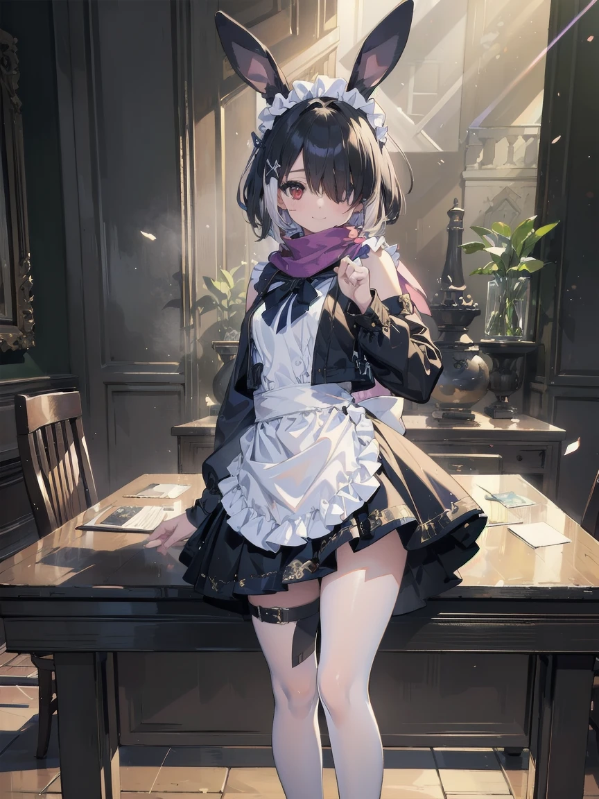 (A super high quality creation by the Creator God: 1.4), (Absolute Resolution: 1.4), (A masterpiece from the curatorial god: 1.4), Surrealist works, (complicated, Realistic materials with attention to detail, Textures and Lights: 1.3), (Perfect Anatomy: 1.2),
break
((Tabletop, Pixel perfect, 8K wallpaper)), 1 girl, single, Embarrassed expression, Shy look,tall,There are rabbits,Clasp your hands in front of you, alone, Reincarnation of Aphrodite, the goddess of beauty, Unparalleled beauty, Narrow waist, Firm Oblique Muscles, Great looks, The highest-ranking family in the hierarchy, bonnet (clothing), scarf, ultra-luxury woolen Long sleeve bodice and skirt dress, Rabbit on head,Overskirt, apron, Long sleeve bodice,From above, A jacket that looks like a sleeveless jacket, Black luxury leather loafers, Frills, race, ribbon,It has a rabbit tail、Bunny ears、Red eyes,White Hair,編み込んだ髪
break
(Hair growing out of one eye), (Scattered sunlight: 1.2), A fantastic light source like particles, Blurred Background, (Depth of written boundary: 1.5), Tilt your head, From behind , Looking at the audience, Recall, Flexible body, From above見上げる, (Depth of written boundary: 1.4), Looking at the audience, (Cute Smile),
break
Scenery of the Cathedral of Our Lady, A famous cathedral, ultra high density skin, (,, Open your thighs from side to side: 1.2, Absolute area: 1.3),
break
, Highly detailed skin, (Best lighting by famous artists: 1.2), 8K, (Masterful instructors provide instruction on attractive poses: 1.4), Cute illustrations.
break