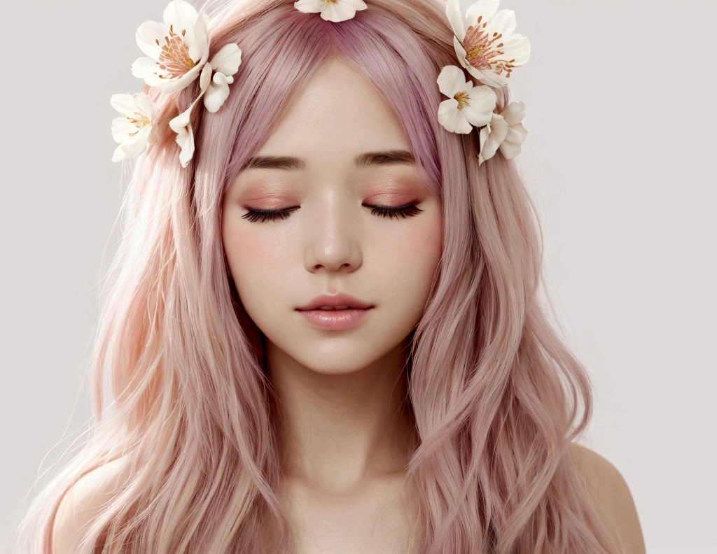 A woman's face with floral hair covering her eyes with cream-colored background