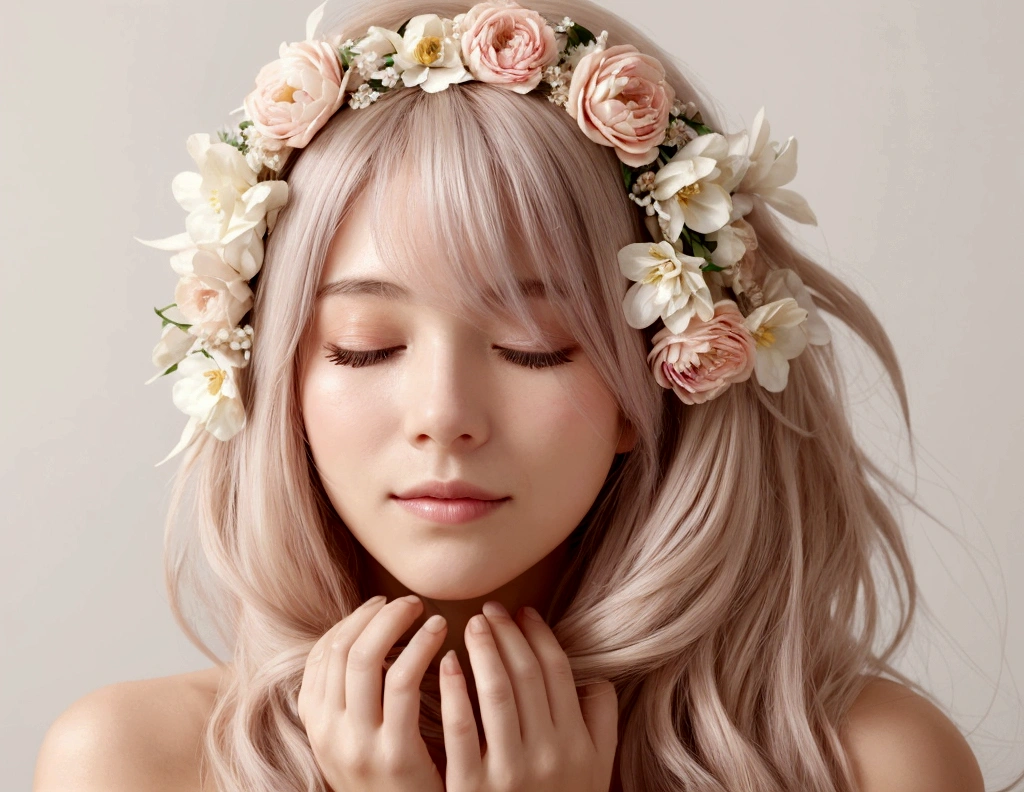 A woman's face with floral hair covering her eyes with cream-colored background