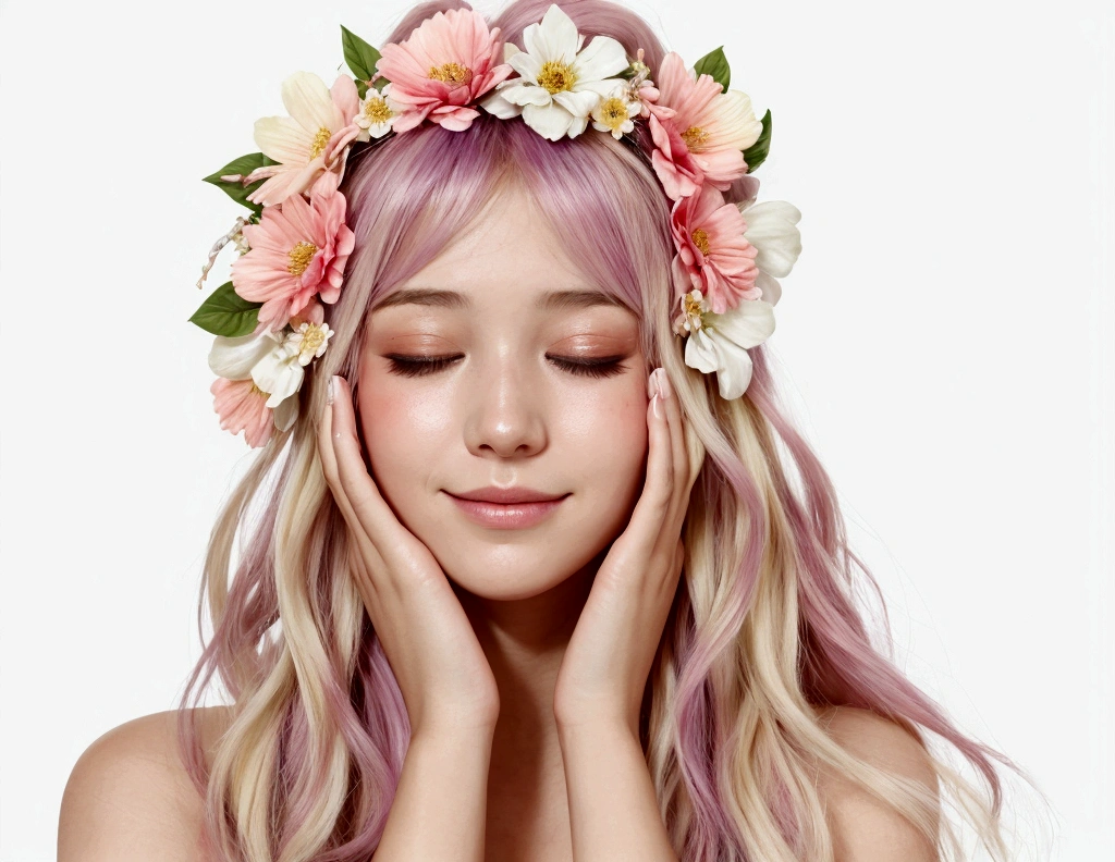 A woman's face with floral hair covering her eyes with cream-colored background