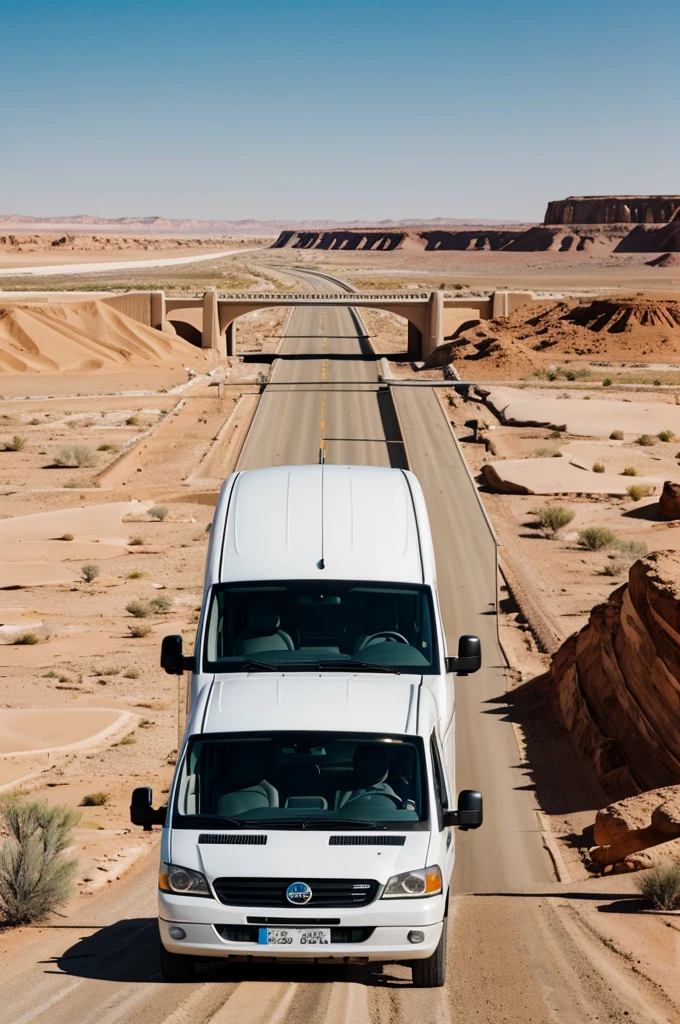 A white van passing over a bridge in a desert setting