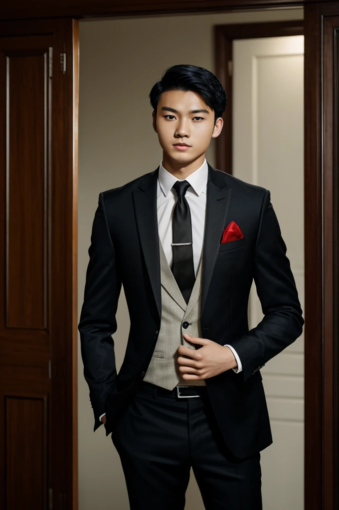 Young Asian man, half Russian Wears a black suit, red tie, black hair, blue eyes, s old, lean figure. 