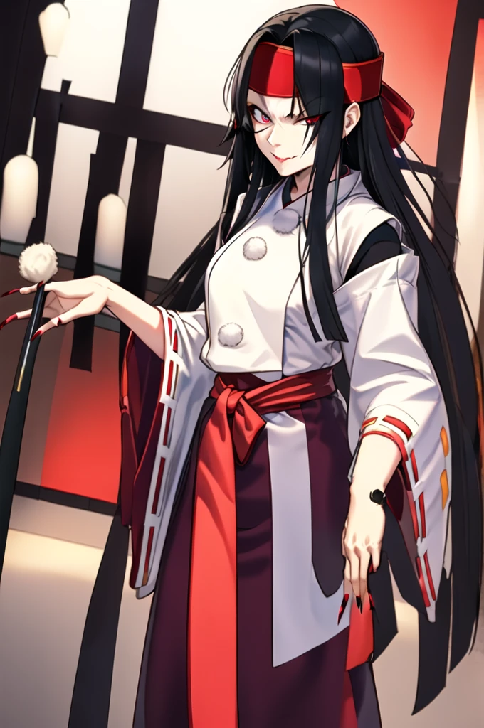 (cowboy shot:1.4), smug, 
mizuki, 1girl, white japanese clothes, solo, mature, miko, Dark Red eyes, (headband:1.2), red lip, makeup, very long hair, black hair, red hakama, wide sleeves, very Long red Nails, parted bangs,
masterpiece,high quality,ultra high definition,
 (evil smile:1.3),Highly detailed CG Unity 8K wallpaper, perfect lighting,laugh at,too evil smile,too evil smirk,looking down at viewer,,smile bad,deep shaded face,too evil fall,dark world background,