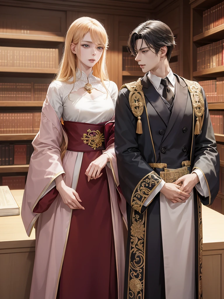 anime image of two people in a library with a table and chairs, two anime handsome men, anime key visual of elegant, ((wearing aristocrat robe)), dapper dream demon, my dress up darling anime, machiavellian puppetmaster, royal attire akira, inspired by Tomioka Tessai, ryuta ueda artwork, beautiful androgynous prince