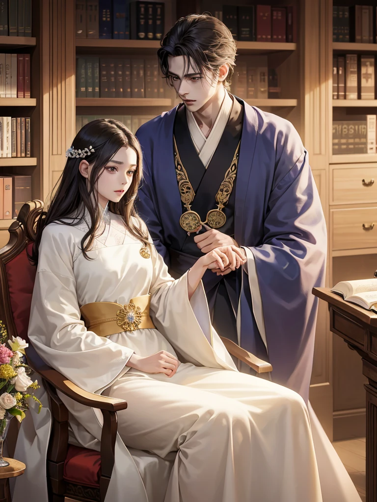 anime image of two people in a library with a table and chairs, two anime handsome men, anime key visual of elegant, ((wearing aristocrat robe)), dapper dream demon, my dress up darling anime, machiavellian puppetmaster, royal attire akira, inspired by Tomioka Tessai, ryuta ueda artwork, beautiful androgynous prince