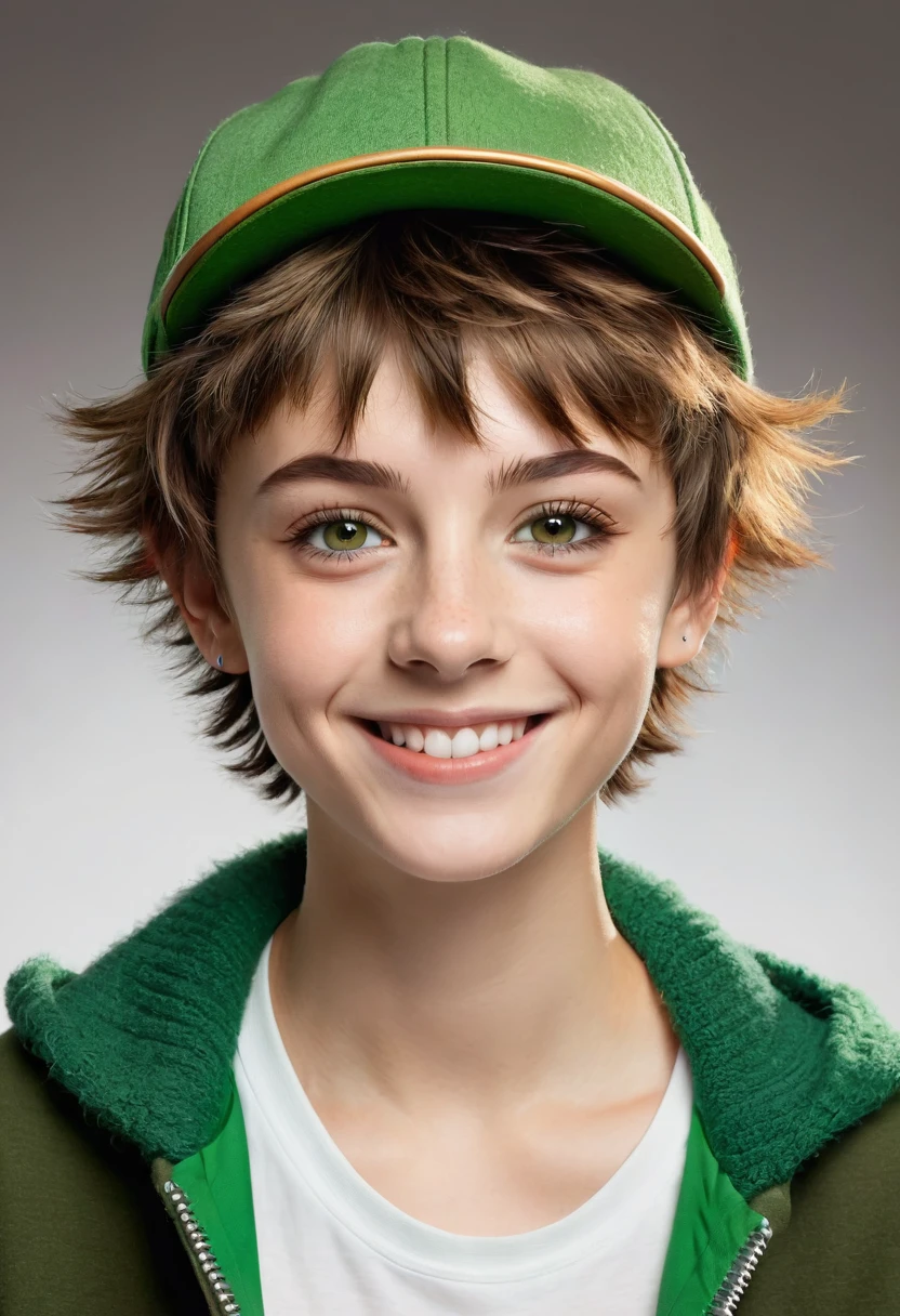 woman, very short hair boy lesbian light brown gradient, amber eyes, small nose, smile lines, square jaw, punk, sporty athletic body and hairy shaggy hairy, green Peter Pan hat
