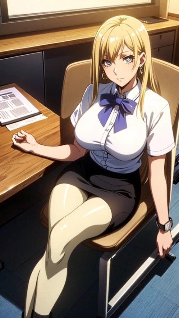 (Highest quality), (Very detailed),(art CG),(Realistic),OL,Black Pantyhose,Black knee high sock,Brown Skin, Big Breasts, Long Hair, Mature Woman,Blonde, Perfect Eyes, Perfect Face, Earrings, office worker,(Stylish clothing), (Pencil Skirt),(open-chest),Sit in an office chair,