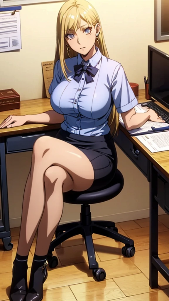 (Highest quality), (Very detailed),(art CG),(Realistic),OL,Black Pantyhose,Black knee high sock,Brown Skin, Big Breasts, Long Hair, Mature Woman,Blonde, Perfect Eyes, Perfect Face, Earrings, office worker,(Stylish clothing), (Pencil Skirt),(open-chest),Sit in an office chair,