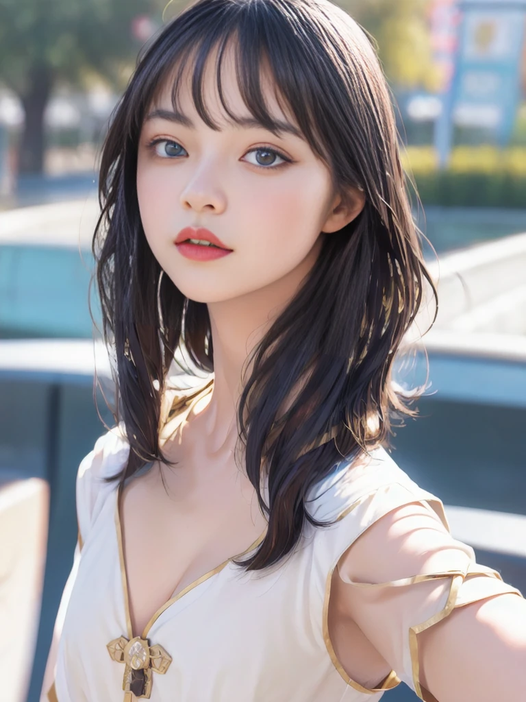 Highest quality, 8K, ,masterpiece :1.3)), In-person audience,((Whole body 1.2)) ,Beautiful woman, Wide Shot ,One girl, , Selfie , Black Hair, Brown Hair , bangs,Highly detailed face, Highly detailed lips, Fine grain, double eyelid