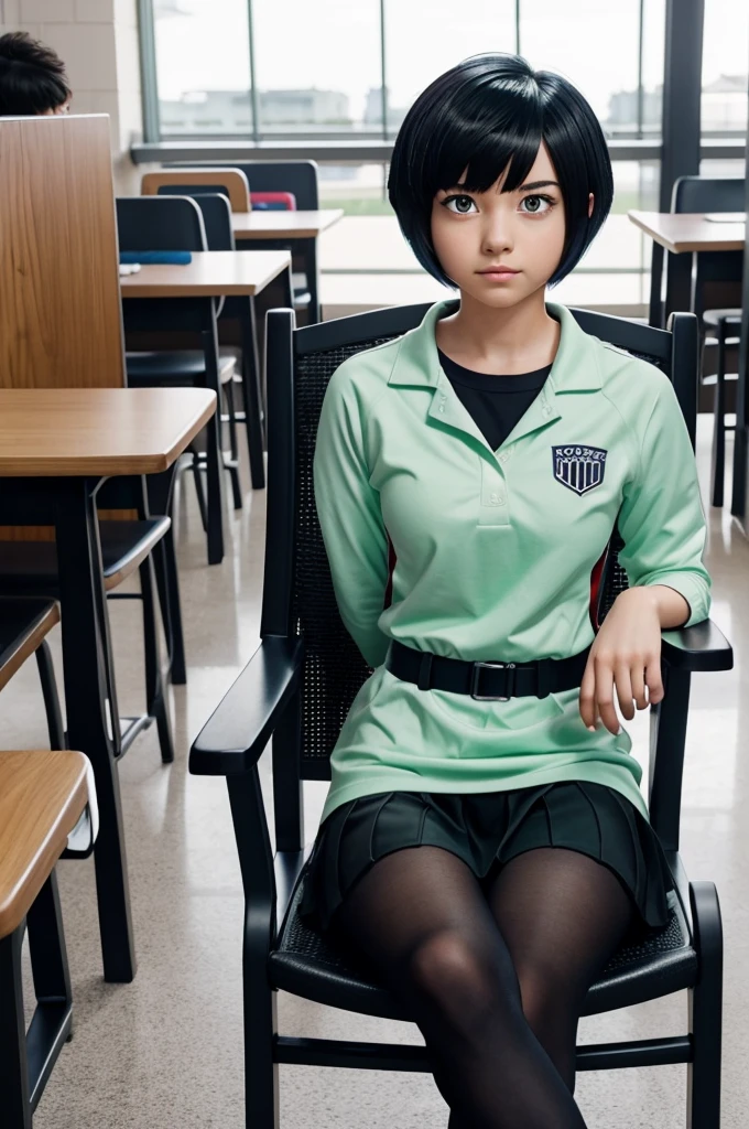Screenshot of my hero academia,girl with black wolf cut hair style with bangs,mint eyes my hero academia style,AU clothing,UA school background from my hero academia,the girl sitting in a chair
