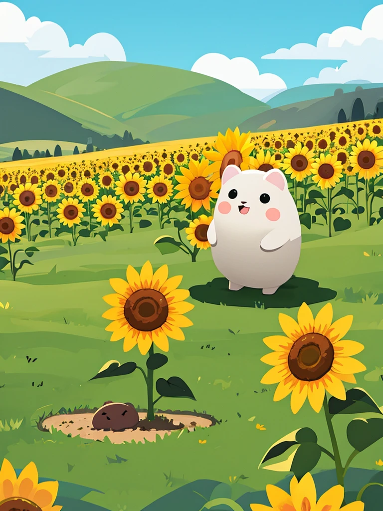 A spiral poop character, cute, 2 round eyes, adorable, a small sunflower growing on its body, poop shaped, no mouth, on a grassy field