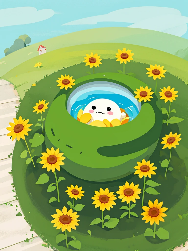 A spiral poop character, cute, 2 round eyes, adorable, a small sunflower growing on its body, poop shaped, no mouth, on a grassy field