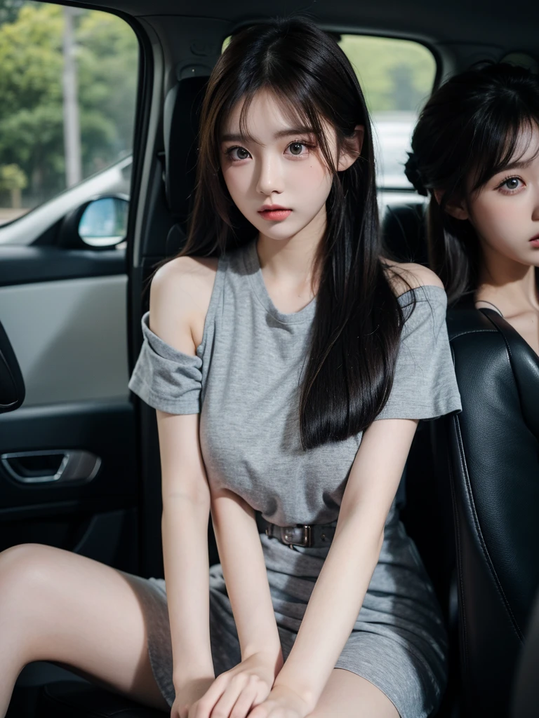 Beautiful woman wearing a Grey and dark blue dan Wearing clothes mini dress with decorations on the shirt and visible shoulders and wearing boots and being photographed with a background And being in the car while driving ,Korean style swag, beautiful face so gorgeous, Beautiful eyes, y2k style