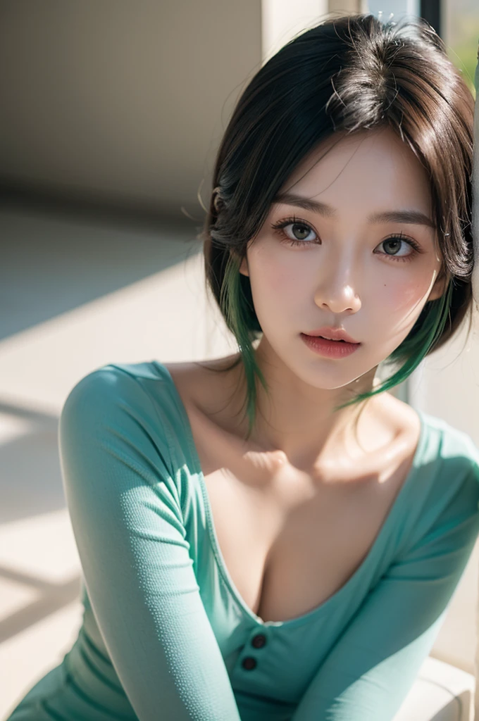 (8k, RAW photo, best quality, masterpiece:1.2), (realistic, photo-realistic:1.37), ultra-detailed, 1girl, perfect face, extremely delicate and beautiful, detailed skin texture, vibrant shiny skin, (pureerosface_v1:1.3), (makeup:1.2), (Kpop idol), best quality, ultra high res, (photorealistic:1.4), ambient lighting, radiosity, physically-based rendering, thighhighs, ((green hair:1)), tomboy, floating hair, (aegyo sal:1), ((puffy eyes)), (small nose:1.1), collar, night city, (closed mouth), beautiful detailed eyes, cropped top, pants, underwear, solo focus, (busty), (cleavage), (curvy), ((large breasts)), breast slip, iso 950, HDR+, white balance, cute, looking at viewer, facing front, outdoors