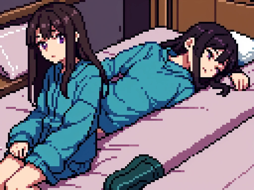 One girl, 20 years old, downtrodden girl, tired girl, confused girl, uncertain posture, long hair, black hair, brown hair. eyes with a transition from blue to purple, dark hair, anime style, 4k image, full body, modern appearance. all the details have been worked out, modern clothes, full-fledged clothes, baggy clothes, cheap clothes, detailed face, lots of details, very detailed, deep, elaborate facial expression, in the apartment, sleeping in bed, lying on the bed, sleeping