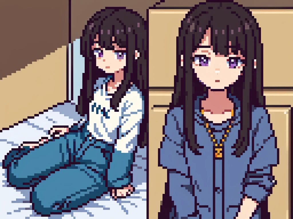 One girl, 20 years old, downtrodden girl, tired girl, confused girl, uncertain posture, long hair, black hair, brown hair. eyes with a transition from blue to purple, dark hair, anime style, 4k image, full body, modern appearance. all the details have been worked out, modern clothes, full-fledged clothes, baggy clothes, cheap clothes, detailed face, lots of details, very detailed, deep, elaborate facial expression, in the apartment, sleeping in bed, lying on the bed, sleeping