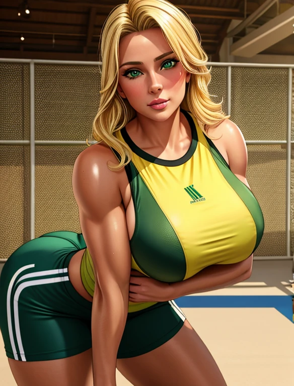 (masterpiece,best quality,absurdres,beautiful,aesthetic,detailed),cinematic angle, 1female, alone, blonde hair, blonde beautiful middle-aged woman, 36 years old, mid size breast, sport attire, in gym, with green eyes, Best quality, natural makeup, realistic skin, tan olive skin, ,sexy pose, sporty style