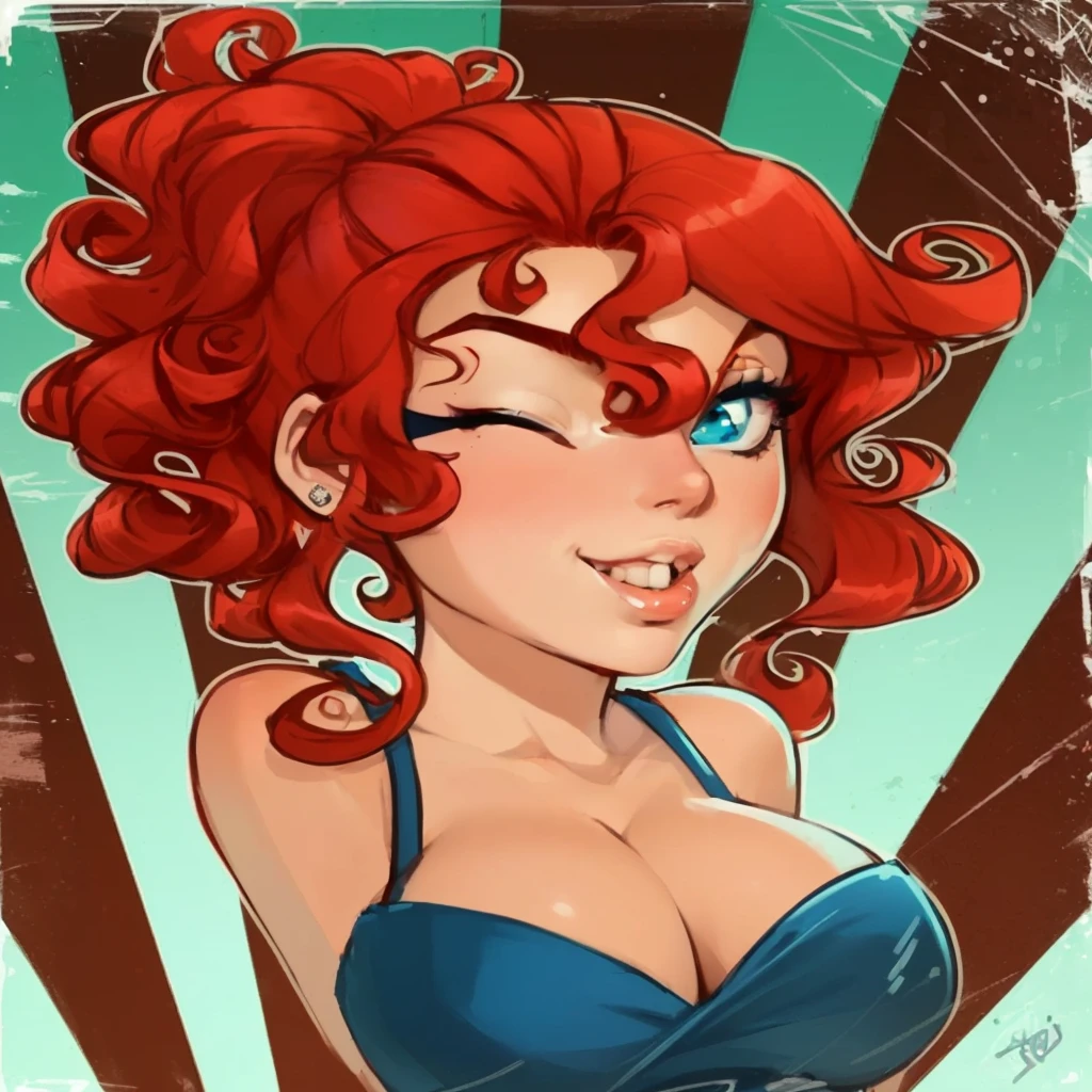 a cartoon drawing of a woman with red hair and blue dress, inspired by Lois van Baarle, comic pinup style, cartoon artstyle, artgerm and lois van baarle, pinup, succubus in sundress portrait, pinup art, sultry smirk, girl pinup, commission for high res, pinup girl, with curly red hair, cartoon art style