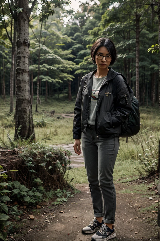 Indonesian women,neat short hair,wearing glasses,wearing a black mountain jacket,jeans,gray shoes,carrying a backpack,standing pose,forest background,real afternoon effects, realistic details