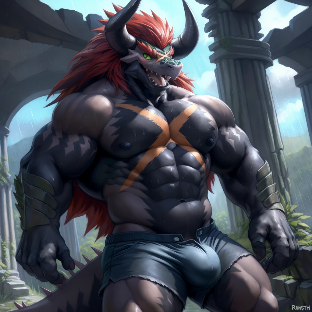 solo, breath (ultra detailed), a beautiful and detailed full size portrait of a male anthro batzz, demon lord dragon batzz, dragon tail, green eyes, detailed eyes, black body, black skin, long hair, red hair, horns, scar, tail, bedroom eyes, detailed eyes, big body, sexy body, (wide body). goddess, kenket, Ross Tran,ruan jia, trending on artstation,foxovh, cenematic lighting, buff, big pecs, muscular anthro, spike arms, strong legs, looking at viewer, ((big pecs, nipples, big pecs, black shirt, blue shorts, bulge))), day, wet, front view, standing, arms behnd head, open mouth, blush, smile, ruins, interior, raining,
