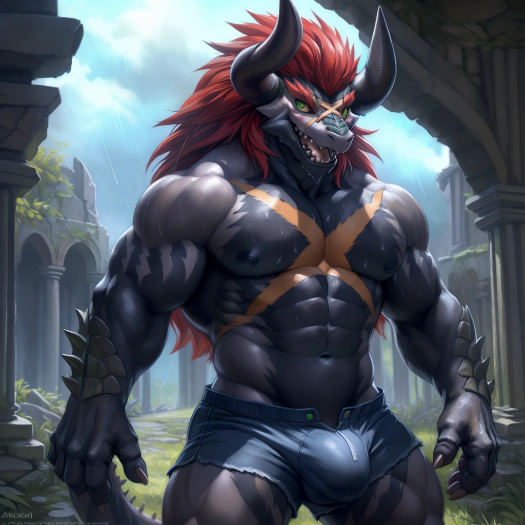 solo, breath (ultra detailed), a beautiful and detailed full size portrait of a male anthro batzz, demon lord dragon batzz, dragon tail, green eyes, detailed eyes, black body, black skin, long hair, red hair, horns, scar, tail, bedroom eyes, detailed eyes, big body, sexy body, (wide body). goddess, kenket, Ross Tran,ruan jia, trending on artstation,foxovh, cenematic lighting, buff, big pecs, muscular anthro, spike arms, strong legs, looking at viewer, ((big pecs, nipples, big pecs, black shirt, blue shorts, bulge))), day, wet, front view, standing, arms behnd head, open mouth, blush, smile, ruins, interior, raining,
