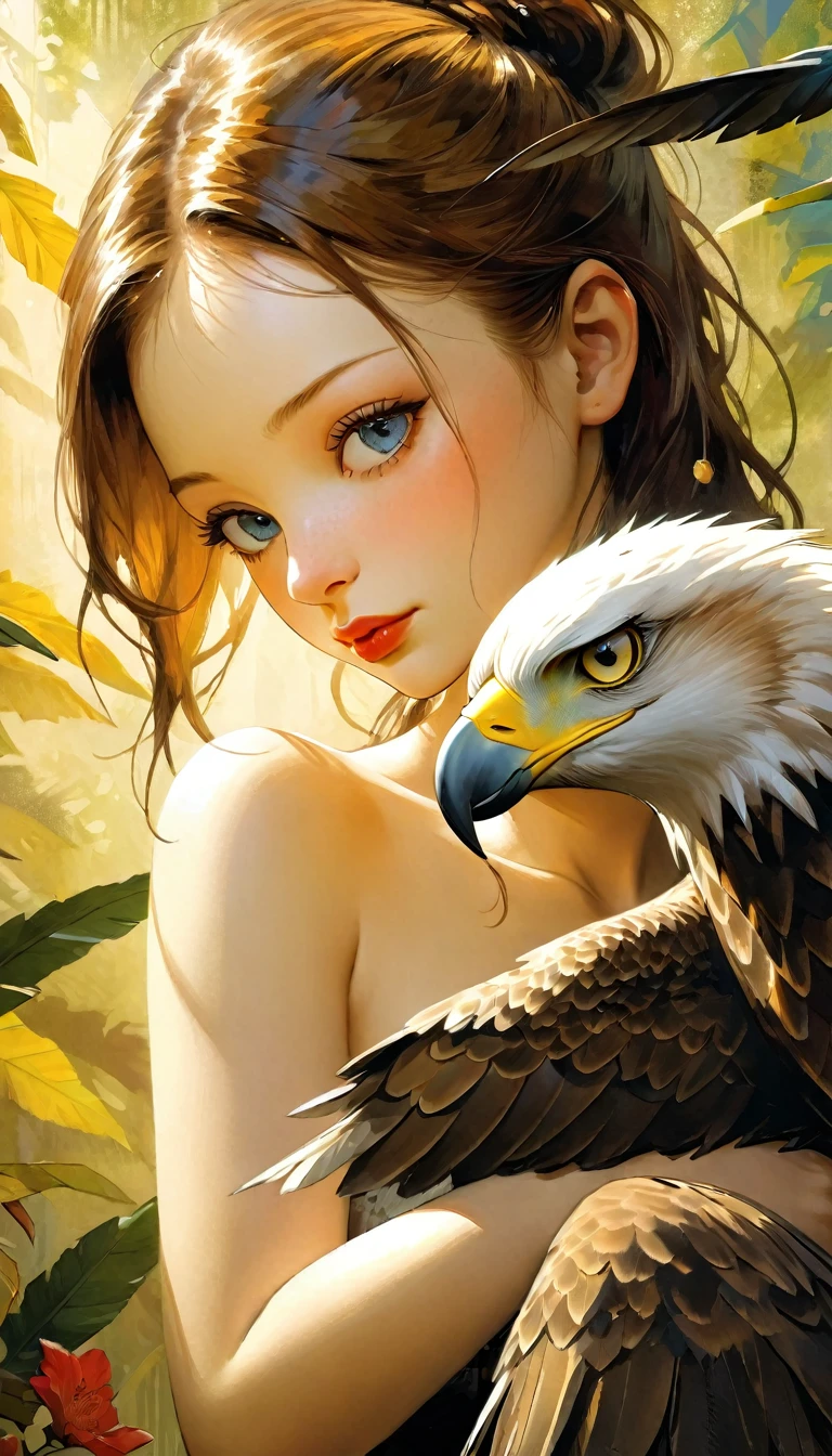 photorealistic detailed oil painting, 1woman, woman with an eagle on her arm, beautiful detailed garden, detailed woman's face, beautiful detailed eyes,beautiful detailed lips, extremely detailed face, longeyelashes, woman leaning, (best quality,8k,highres,masterpiece:1.2),ultra-detailed,(realistic,photorealistic,photo-realistic:1.37),HDR,UHD,studio lighting,ultra-fine painting,sharp focus,physically-based rendering,extreme detail description,professional,vivid colors,bokeh,Dave Mckean inspired art,intricate details