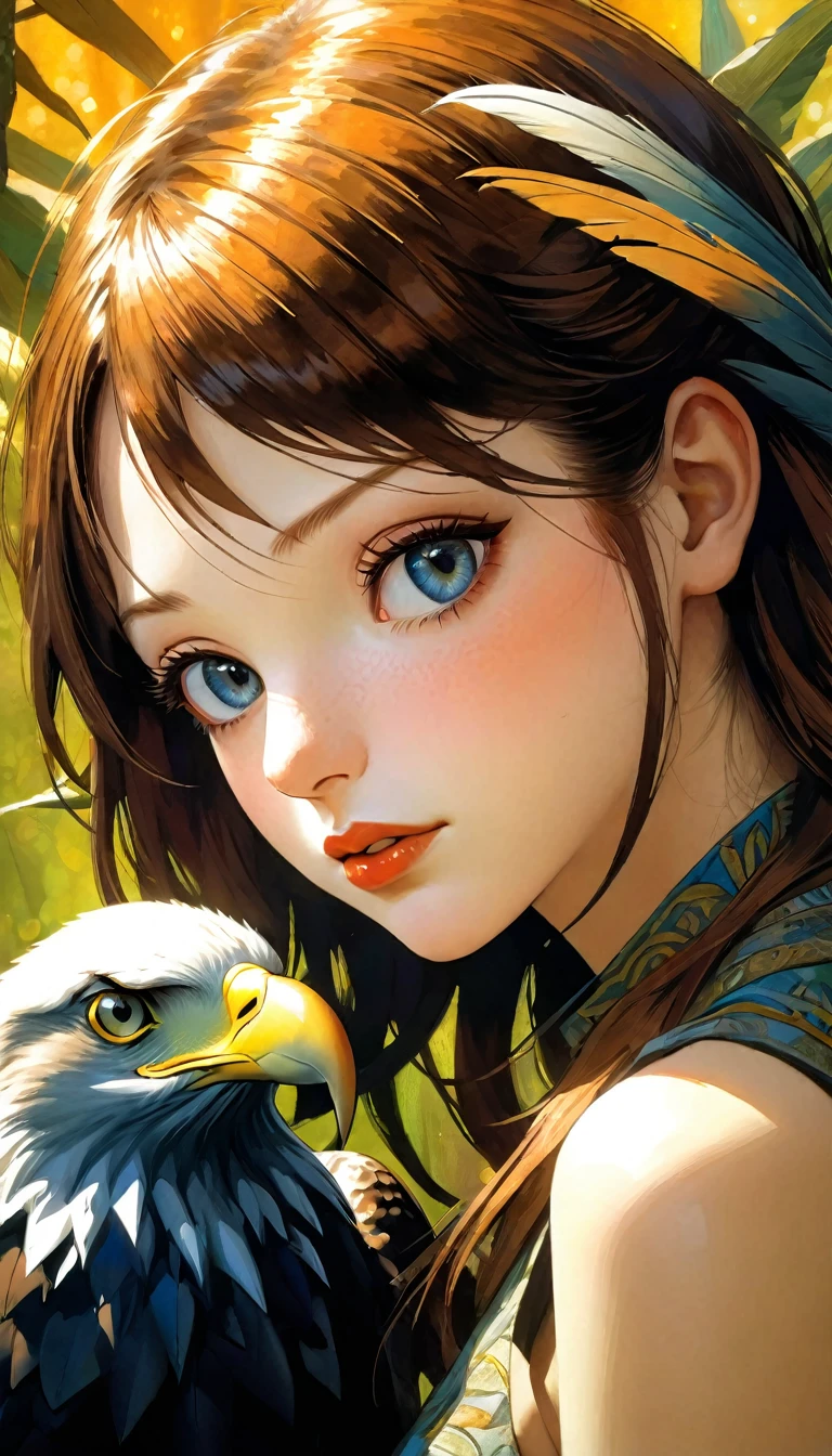 photorealistic detailed oil painting, 1woman, woman with an eagle on her arm, beautiful detailed garden, detailed woman's face, beautiful detailed eyes,beautiful detailed lips, extremely detailed face, longeyelashes, woman leaning, (best quality,8k,highres,masterpiece:1.2),ultra-detailed,(realistic,photorealistic,photo-realistic:1.37),HDR,UHD,studio lighting,ultra-fine painting,sharp focus,physically-based rendering,extreme detail description,professional,vivid colors,bokeh,Dave Mckean inspired art,intricate details
