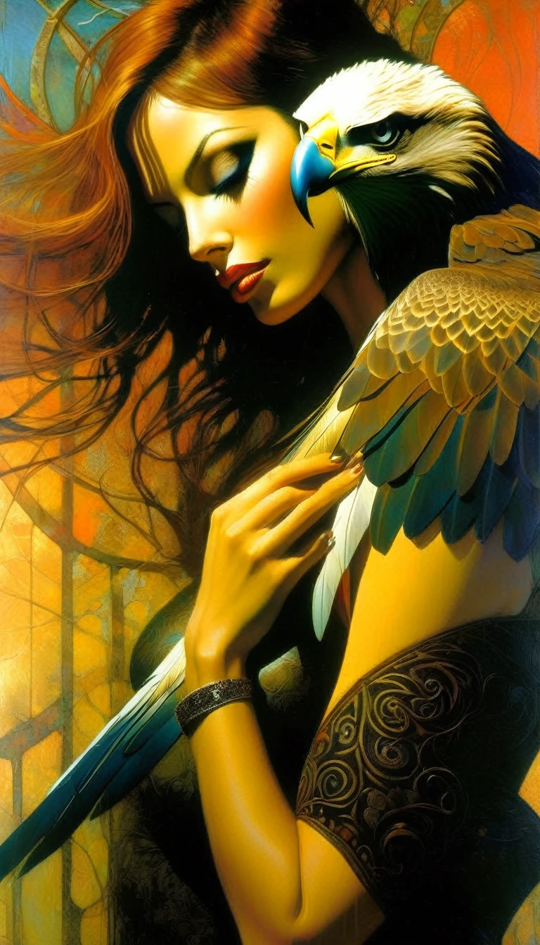 very sexy woman with an eagle on her arm leaning in a beautiful garden (Dave Mckean inspired art, intricate details, oil painting)