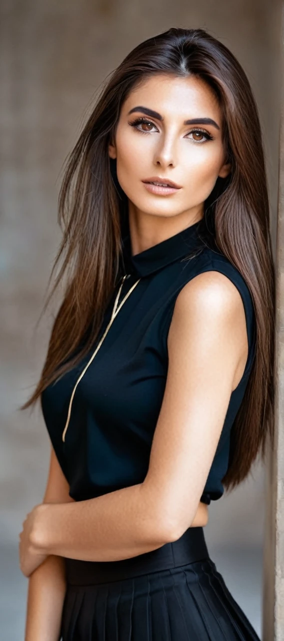 A photo of beautiful italian woman with light makeup with long straight brown hair wearing a black skirt