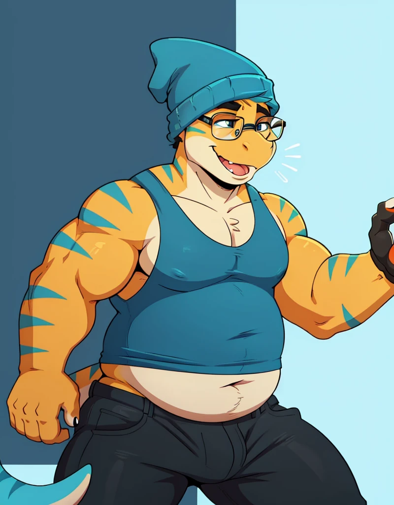 A male orange chubby anthropomorphic lizard with cyan stripes wearing, a blue jacket, glasses, black jeans, a white tanktop, and a blue beanie, waveing, solo