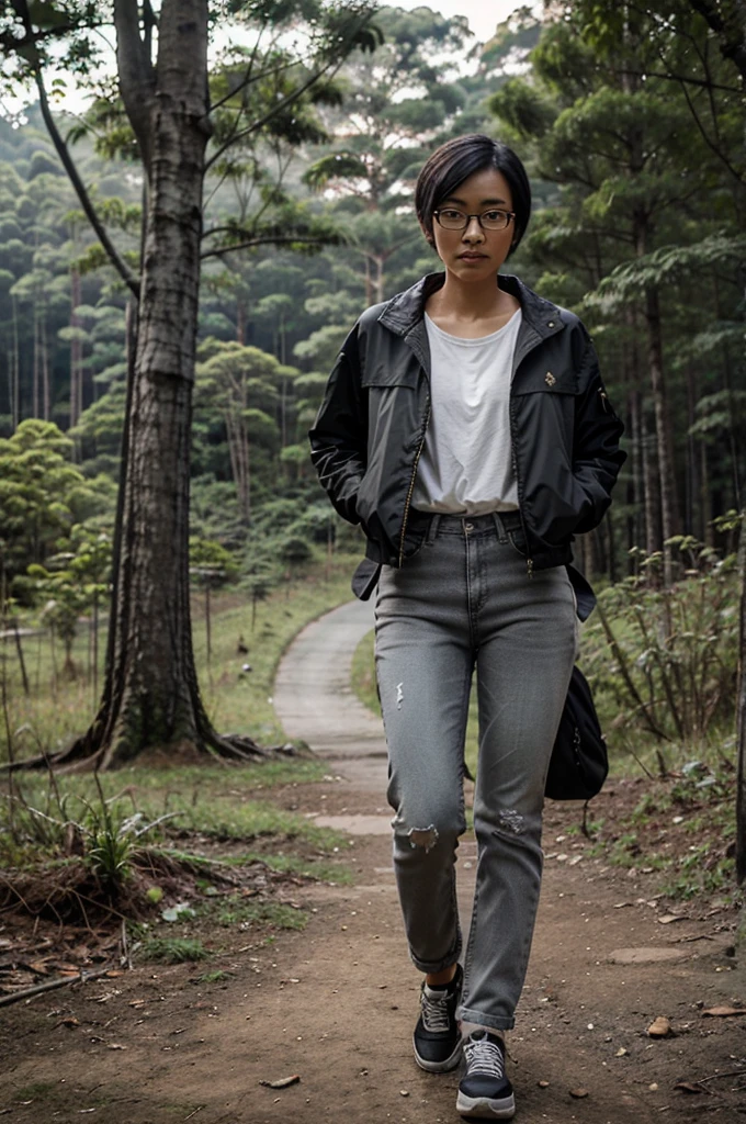 Indonesian women,neat short hair,wearing glasses,wearing a black mountain jacket,jeans,gray shoes,carrying a backpack,standing pose,forest background,real afternoon effects, realistic details