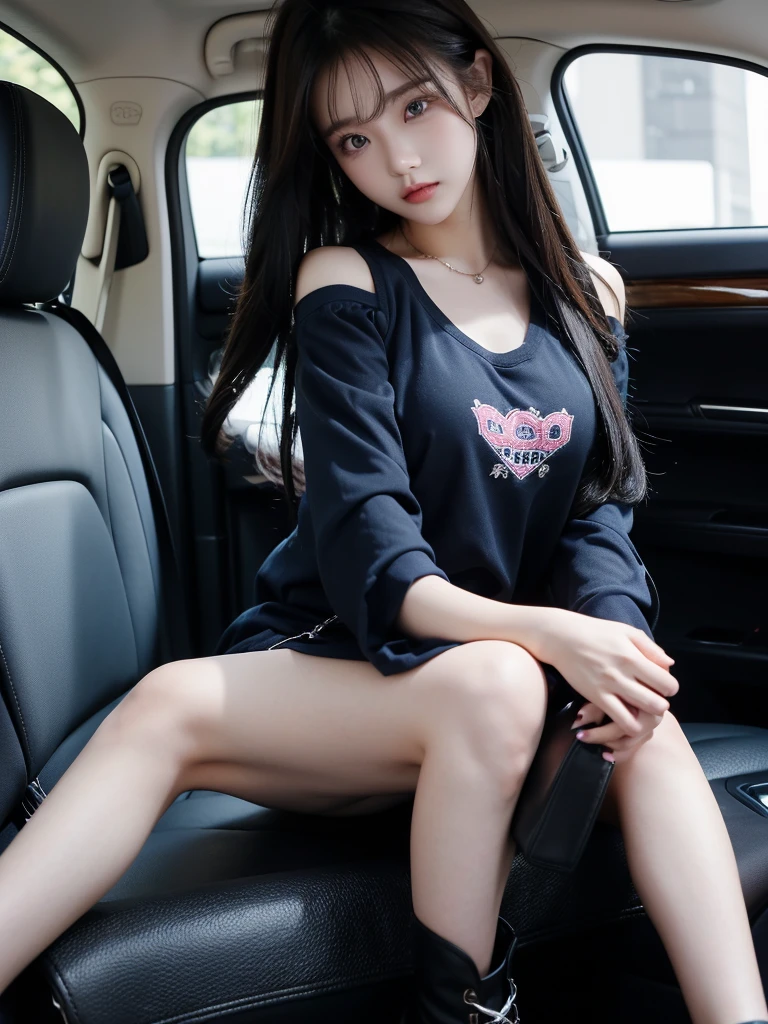 Beautiful woman wearing a dark blue dan Wearing clothes mini dress with decorations on the shirt and visible shoulders and wearing boots and being photographed with a background And being in the car while driving ,Korean style swag, beautiful face so gorgeous, Beautiful eyes, y2k style, swag style