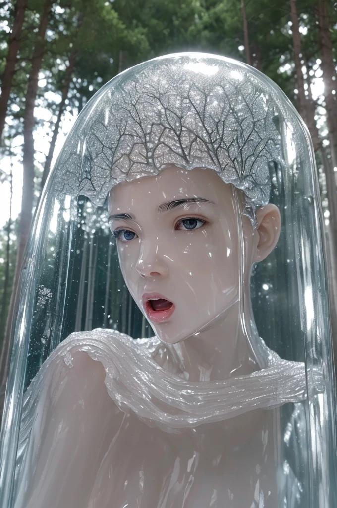 (beautiful screaming nude woman), (eyes open), (terrified expression), (((frightened expression))), (((startled expression))), (((shouting))), (clear resin face), (face made of clear resin), (face turning into clear resin), (head made of clear resin), (body turning to clear resin), (body made of clear resin), (clear resin body), (skin becoming clear resin), (face turning to clear resin), (head turning to clear resin), (arms turning to clear resin), (hands turning to clear resin), (clear resin hands), (clear resin fingers), (skin made of clear resin), (clear resin skin), (hair made of clear resin), (ASFR), (turning into clear resin), (becoming clear resin), (winter forest background), (defensive posture), ((((half made of clear resin, half made of flesh)))), side profile
