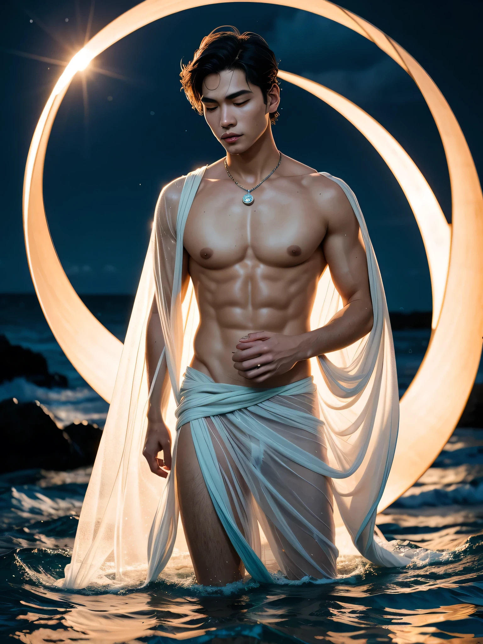 (1boy, photorealistic:1.4, ultra realistic, masterpiece:1.2, best quality, 4k, 8k), Design a photorealistic image embodying the nurturing and emotional depth of the zodiac sign Cancer, Picture a captivating and handsome male model on a serene moonlit beach with gentle waves lapping at his feet and the soft glow of the moon illuminating his face, Surround him with elements of the ocean such as seashells starfish and crabs to evoke the sign’s connection to water, The model is wearing lightly flowing and ethereal fabric reflecting Cancer's intuitive and sensitive nature, Ensure that the scene's lighting captures the tranquility and emotional resonance of a Cancer creating a soothing and enchanting atmosphere that draws viewers into the heartfelt essence of the zodiac sign, (detailed face, delicate skin, ultra realistic skin, shot on Nikon d850 50mm, dlsr, RAW)
